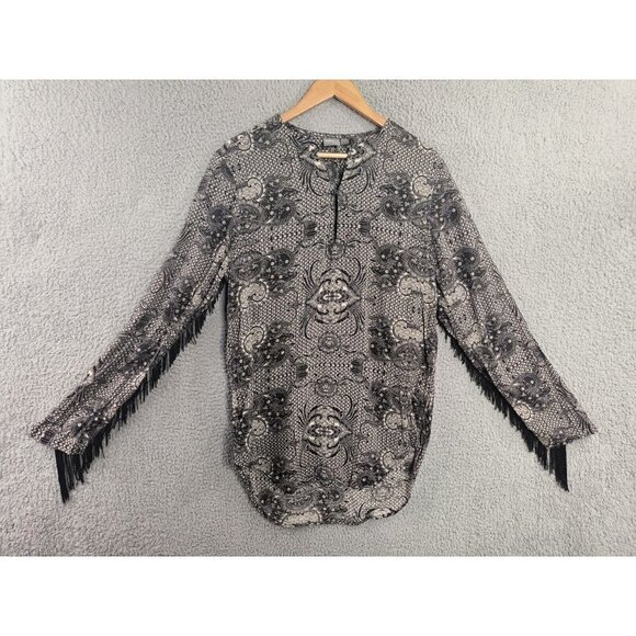 Asos Paisley Print Fringe Shirt Top Tunic Regular Fit Long Sleeve Women's Medium - Picture 1 of 12